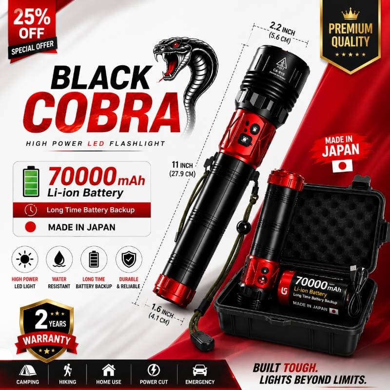𝗕𝗹𝗮𝗰𝗸 𝗖𝗼𝗯𝗿𝗮 𝟳𝟬,𝟬𝟬𝟬𝗺𝗔𝗵 𝗟𝗶-𝗶𝗼𝗻 𝗕𝗮𝘁𝘁𝗿𝘆 𝗝𝗮𝗽𝗮𝗻𝗶 𝗧𝗼𝗿𝗰𝗵 𝗟𝗶𝗴𝗵𝘁(৩ বছরের গ্যারান্টি)